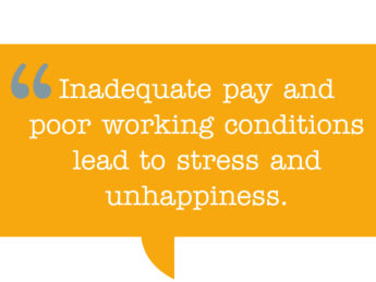 pull quote: “Inadequate pay and poor working conditions lead to stress and unhappiness.”