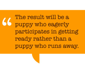 Pull quote: “The result will be a puppy who eagerly participates in getting ready rather than a puppy who runs away.”